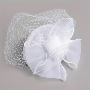 Feather and Polka Dot Fascinator With Lace Gloves For Weddings Dress up and more